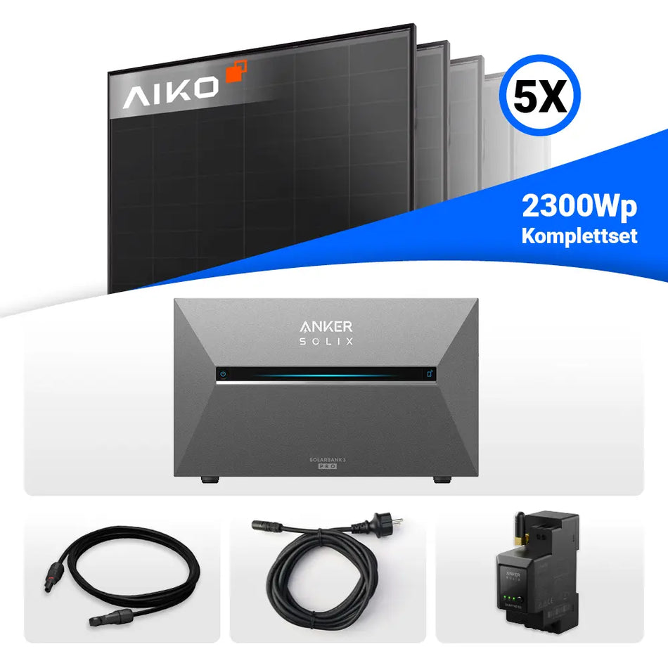 2300W Solarkraftwerk mit Speicher - 5x AIKO 460W Full Black & Anker Solix Solarbank 3 Pro