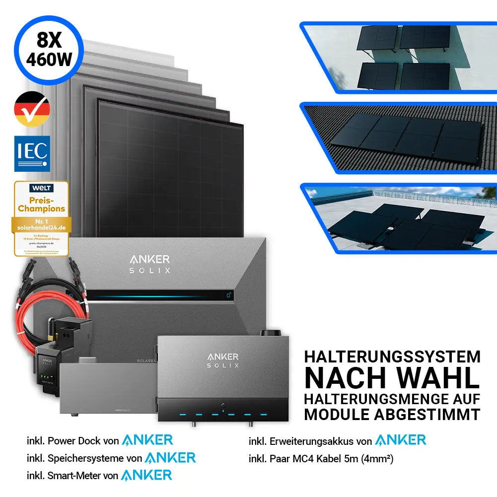 Balkonkraftwerk Komplettset 3680Wp – 8x Aiko 460W Solarmodule mit Anker SOLIX Power Dock, Speicheroption und Halterungssystem nach Wahl – erhältlich bei SH24.