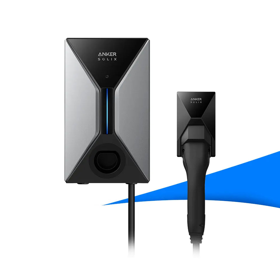 Wandladestation Anker Solix EV Charger in silber-schwarzem Gehäuse mit blauem LED-Lichtstreifen, daneben das angeschlossene schwarze Ladekabel mit Stecker.