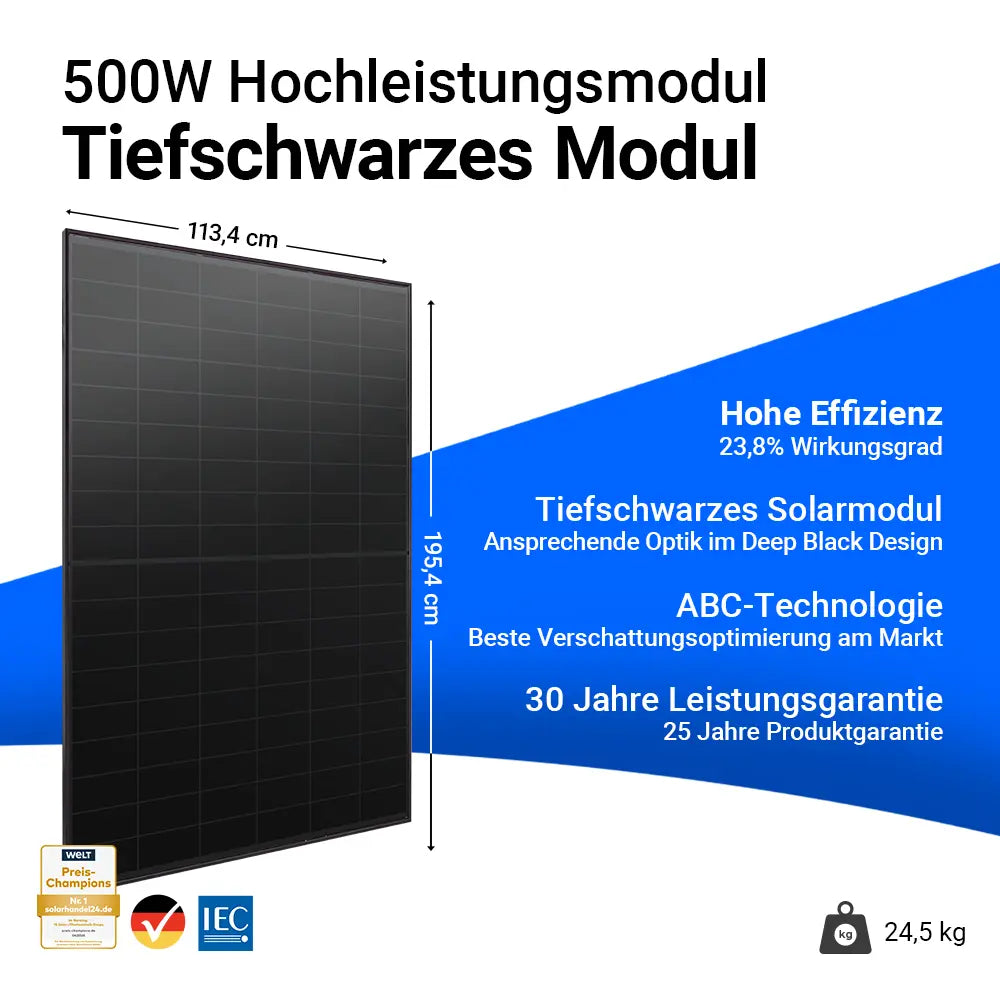 Infobild Aiko 500W Solarmodul Full Black. Hohe Effizienz. Tiefschwarzes Solarmodul. ABC-Technologie. 30 Jahre Leistungsgarantie