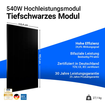 Infobild AIKO Solar 540W Glas-Glas Full Black Modul AIKO-A540-MCE60Db Neostar 3S+60
Hohe Effizienz
BIfaziale Leistung
Zertifiziert in Deutschland
30 Jahre Leistungsgarantie