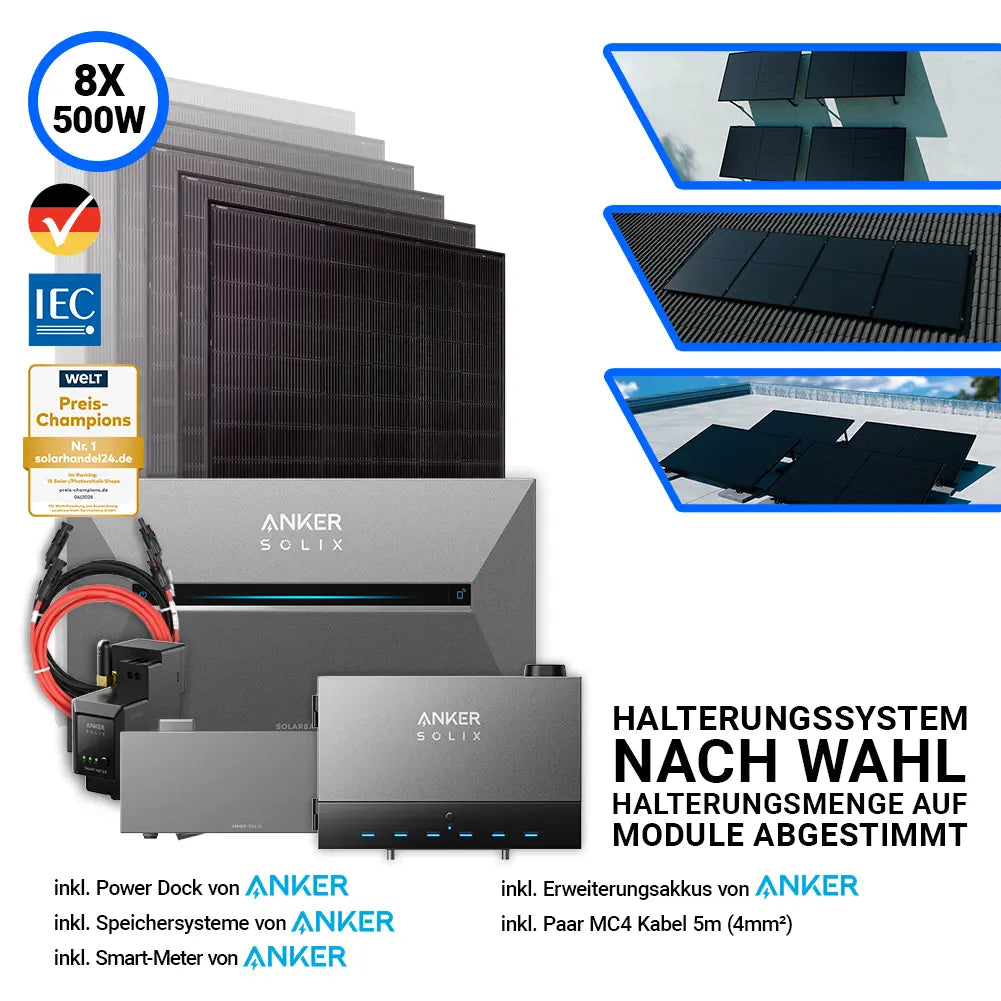 Solaranlage Komplettset 4kW – 8x Jolywood 500W Module mit Anker SOLIX Power Dock, Speicherlösung und Halterungssystem – Photovoltaik Lösung von SH24.