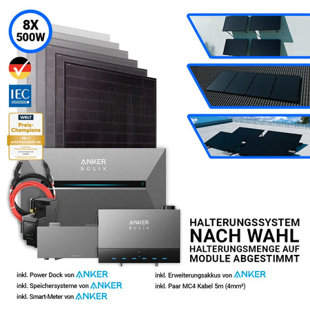 Solaranlage Komplettset 4kW – 8x Jolywood 500W Module mit Anker SOLIX Power Dock, Speicherlösung und Halterungssystem – Photovoltaik Lösung von SH24.