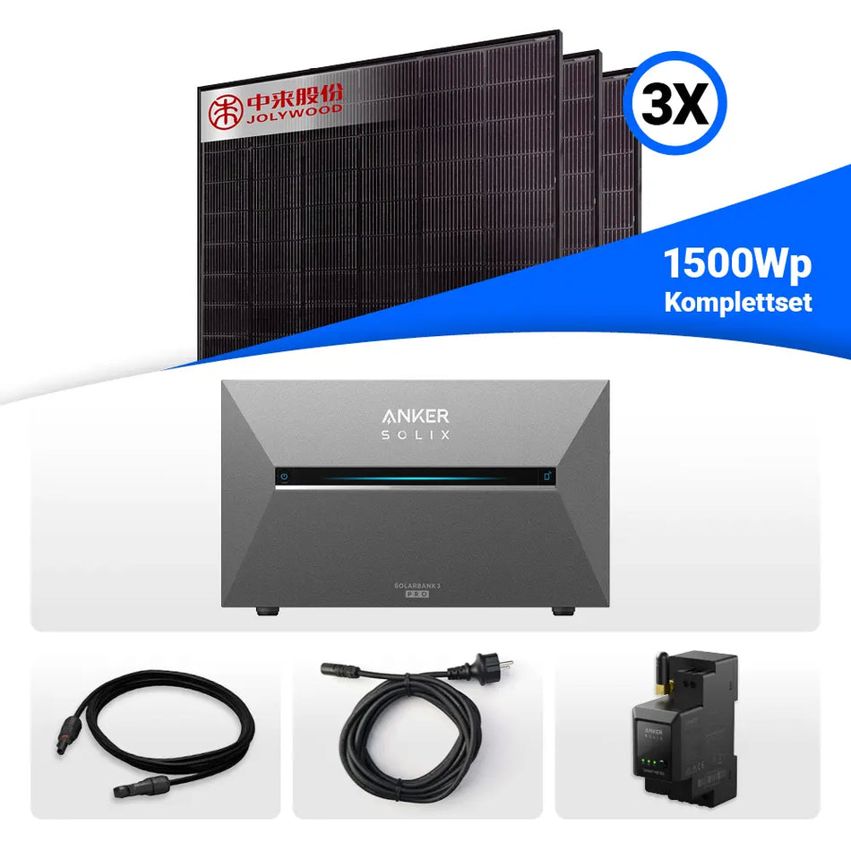 1500W Balkonkraftwerk mit Speicher - 3x Jolywood 500W Full Black bifazial & Anker Solix Solarbank 3 Pro