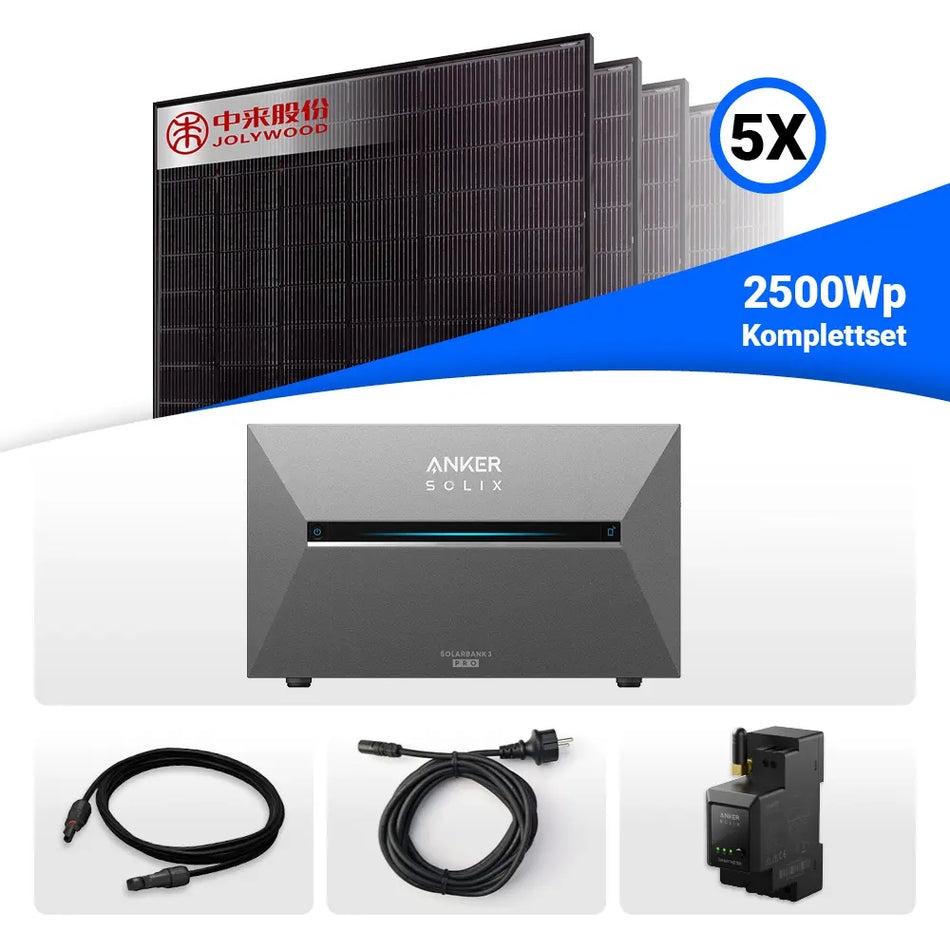 2500W Solarkraftwerk mit Speicher - 5x Jolywood 500W Full Black bifazial & Anker Solix Solarbank 3 Pro