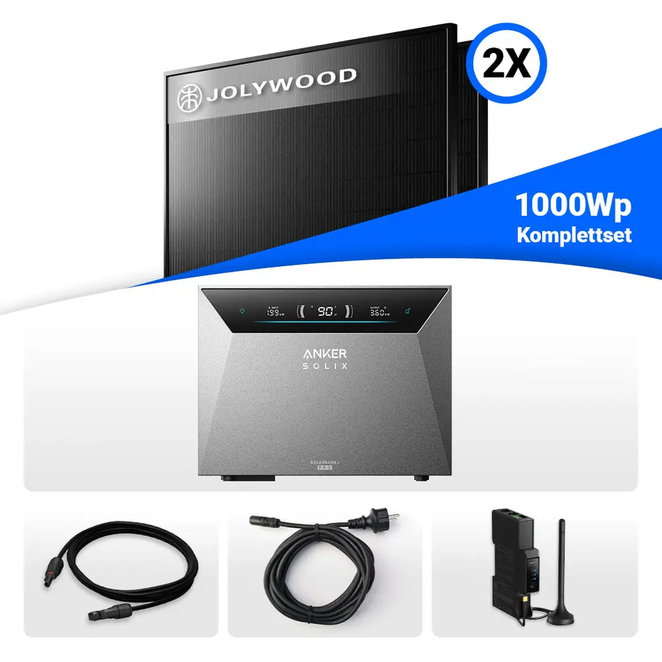 800W/1000W Balkonkraftwerk mit Speicher - 2x Jolywood 500W Full Black bifazial & Anker Solix Solarbank 4 Pro