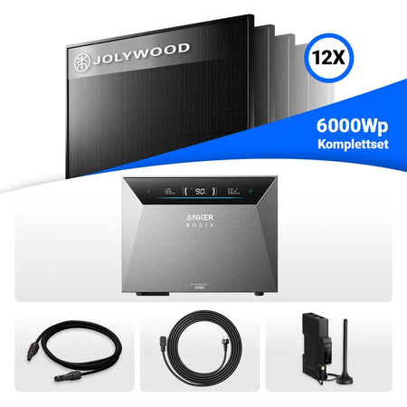 Produktbild - Das Solarkraftwerk 6000 W Set mit  Speicher ist eine leistungsstarke Komplettlösung mit 6000 W Leistung und einer flexiblen Speicherkapazität von 5 kWh bis zu 30 kWh. Erzeuge bis zu 5400 kWh Strom pro Jahr und spare bis zu 2160 € an Energiekosten. Die Amortisation erfolgt in der Regel bereits nach 3 – 6 Jahren.
