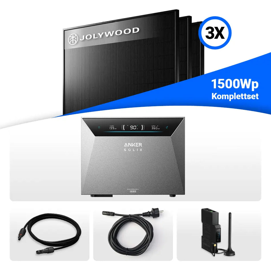 1500W Balkonkraftwerk mit Speicher - 3x Jolywood 500W Full Black bifazial & Anker Solix Solarbank 4 Pro