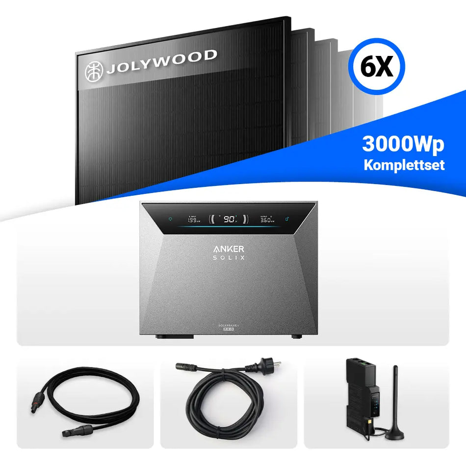 3000W Solarkraftwerk mit Speicher - 6x Jolywood 500W Full Black bifazial & Anker Solix Solarbank 4 Pro