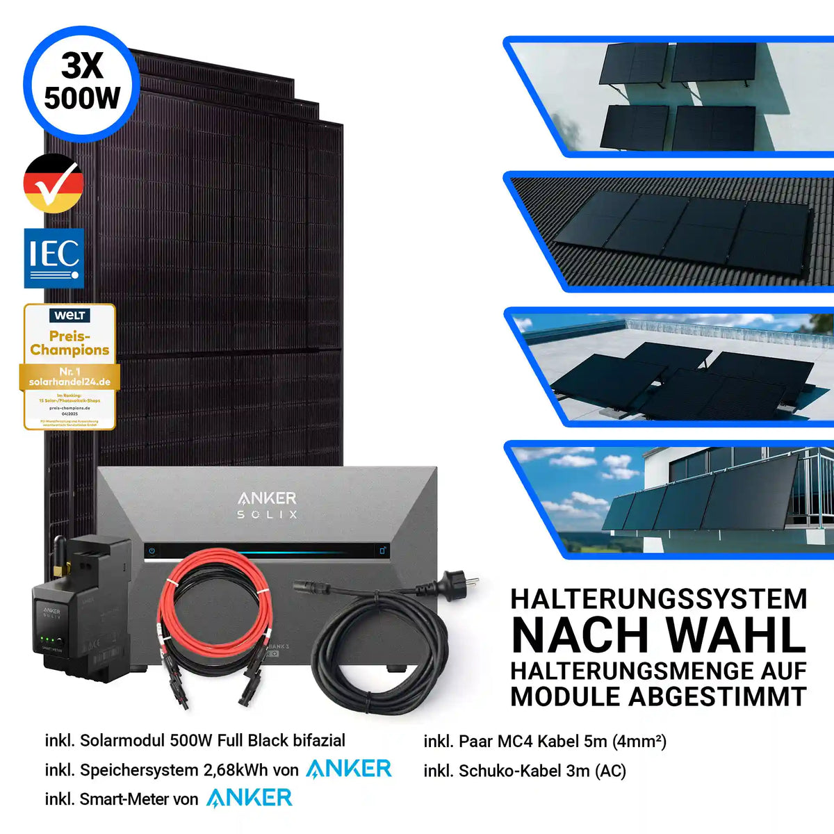3x Jolywood Solarmodul 500 Watt Halterungssystem nach Wahl Anker Speicher Solix 3 Pro und Kabel