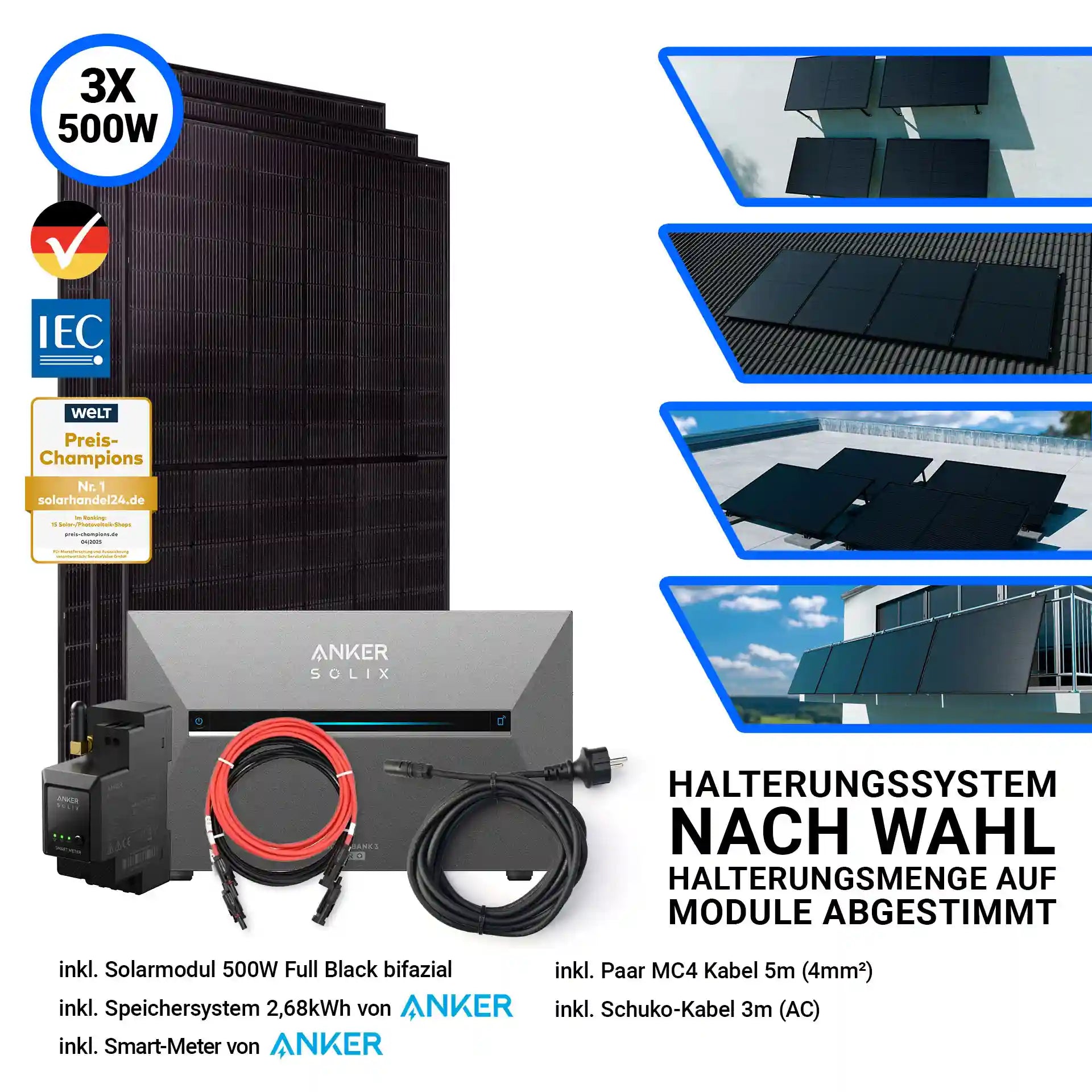 3x Jolywood Solarmodul 500 Watt Halterungssystem nach Wahl Anker Speicher Solix 3 Pro und Kabel
