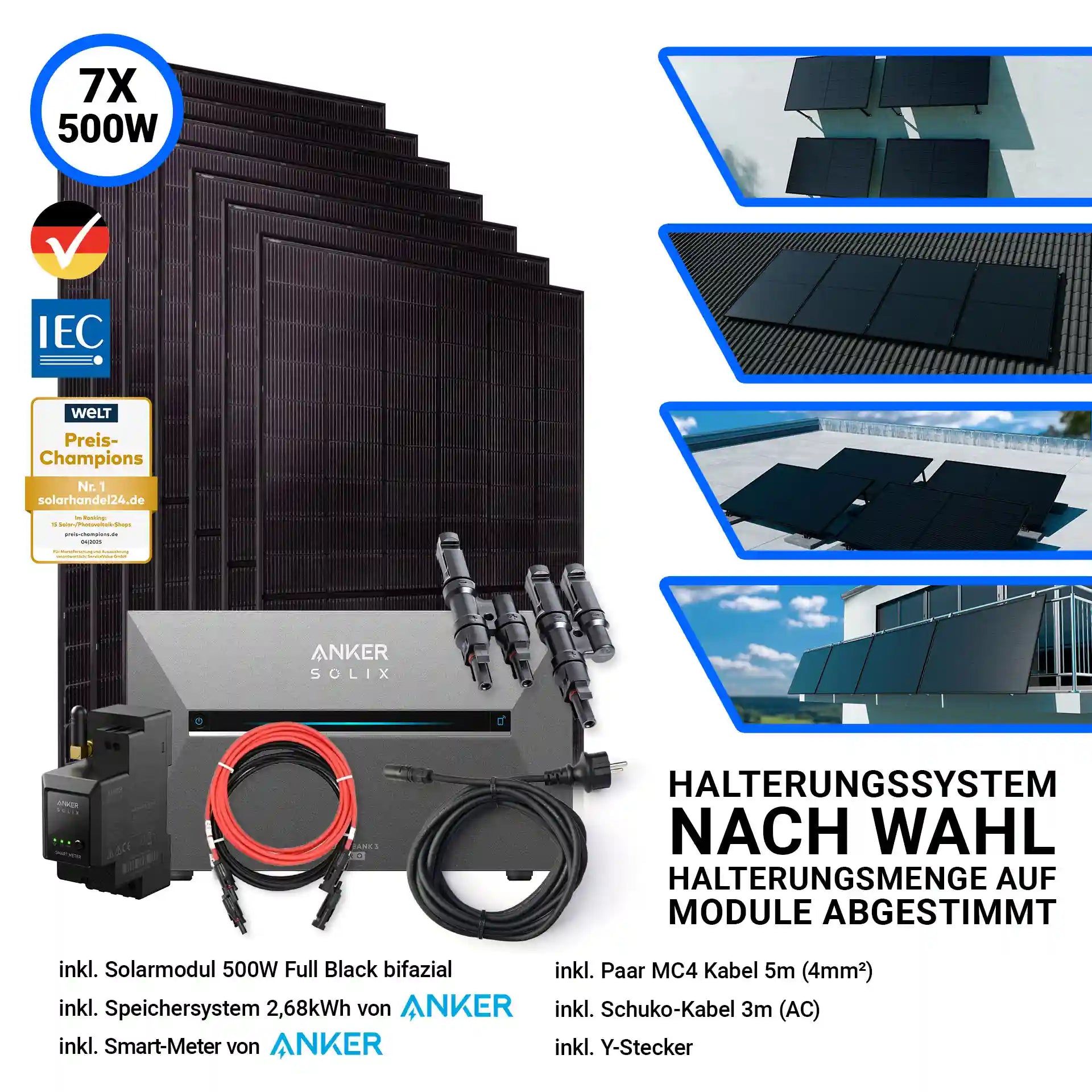 7x Jolywood Solarmodul 500 Watt Halterungssystem nach Wahl Anker Speicher Solix 3 Pro und Kabel