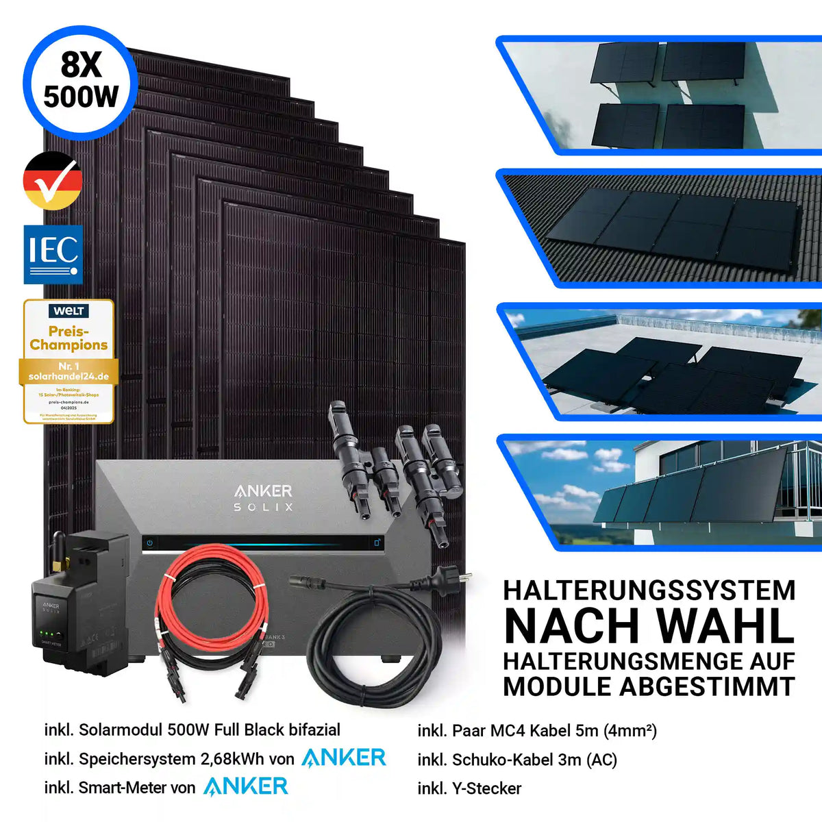 8x Jolywood Solarmodul 500 Watt Halterungssystem nach Wahl Anker Speicher Solix 3 Pro und Kabel