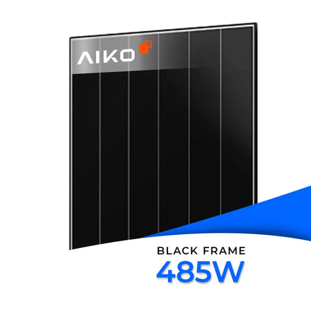 AIKO Neostar 3P+54 Solarmodul mit 485 W Leistung, schwarzem Aluminiumrahmen und moderner ABC-Technologie, dargestellt in einer schlichten schwarzen Frontansicht.