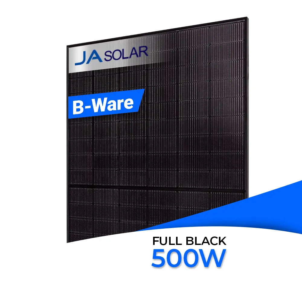 JA Solar JAM60D41 LB 500W - ein bifaziales N-Typ Glas-Glas-Solarmodul mit 500 WP Leistung in eleganter Full-Black-Optik.