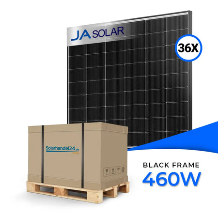 Palette mit 36 JA Solar bifazialen Glas-Glas Solarmodulen, Modell JAM54D40, schwarzer Rahmen, Leistung 460 Watt, verpackt auf Holzpalette mit Karton von solarhandelo24.shop, daneben ein einzelnes Modul in schwarzem Design.