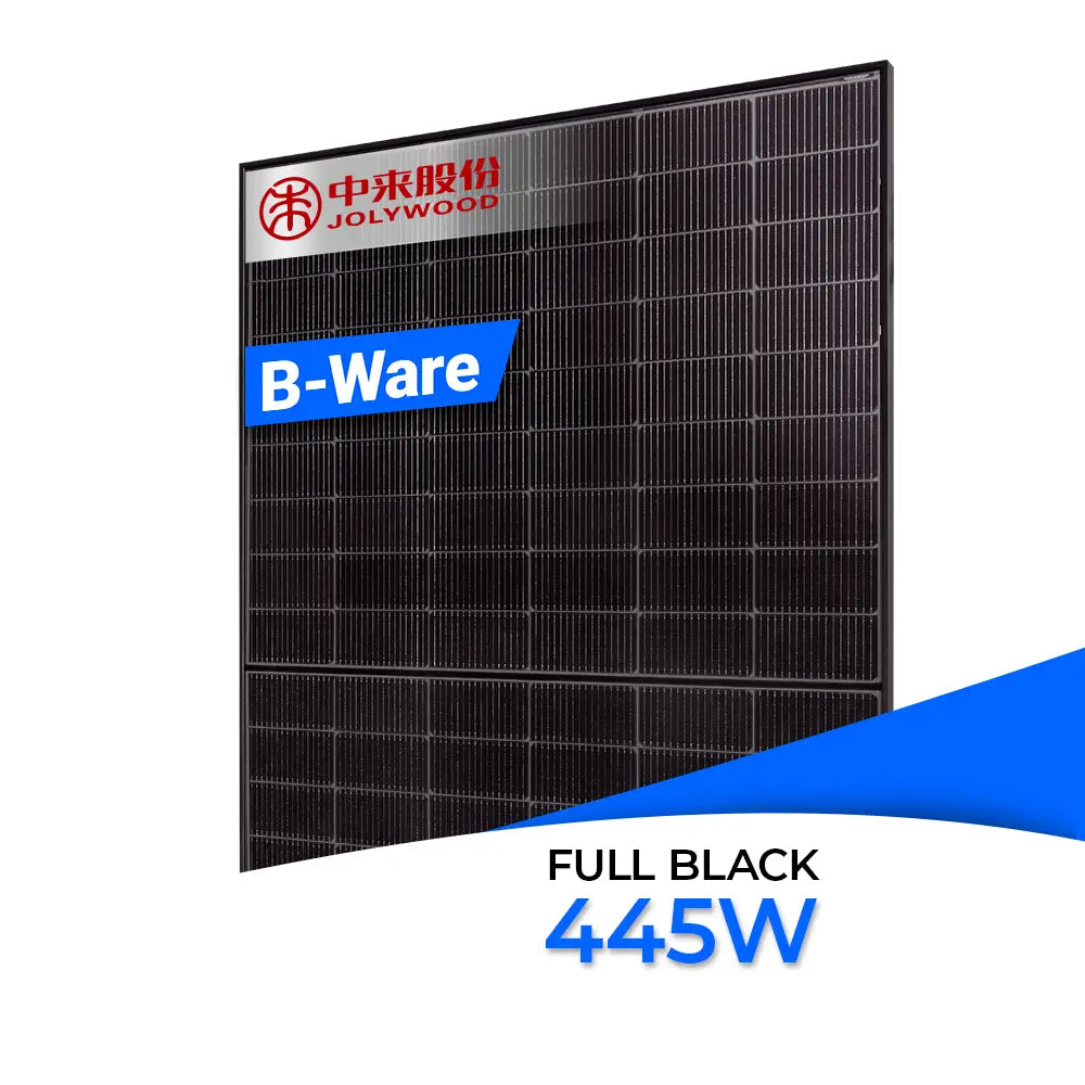 Jolywood 445W Bifazial Glas-Glas Full Black Modul JW-HD96N-R2 - ein leistungsstarkes N-Type Solarmodul mit moderner J-TOPCon 2.0-Technologie und hochwertiger Full-Black Optik.