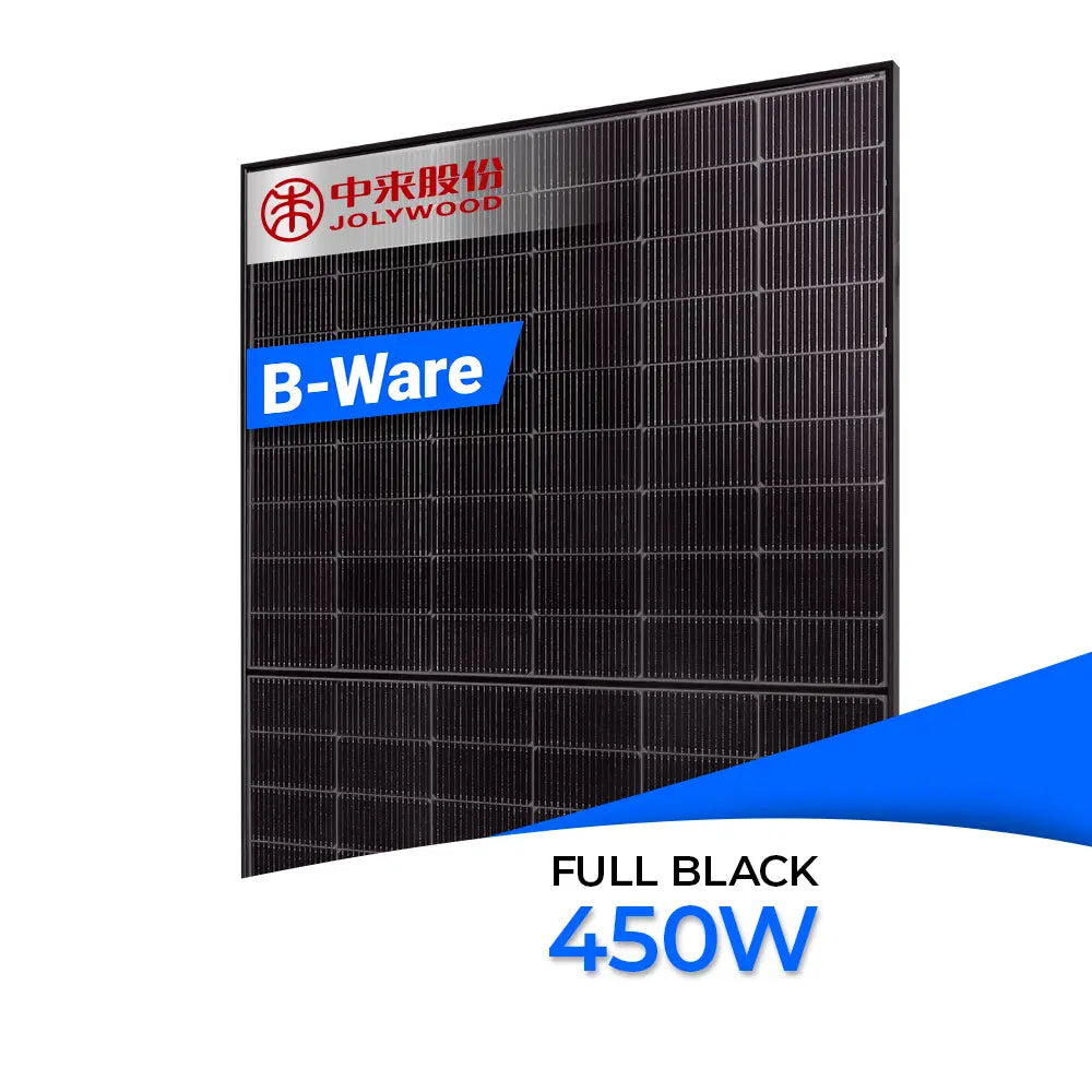 Jolywood 450W Bifazial Glas-Glas Full Black Modul JW-HD96N-R2 - ein leistungsstarkes N-Type Solarmodul mit moderner J-TOPCon 2.0-Technologie und hochwertiger Full-Black Optik