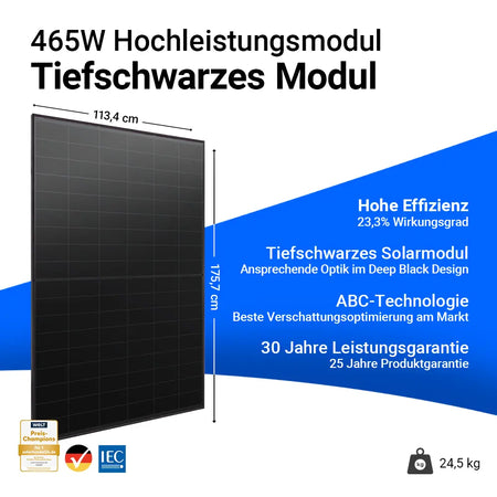 Aiko Solar 465W Glas-Glas Full Black Solarmodul AIKO-A-MAH54Db Neostar 2S+ – Hochleistungsmodul mit 23,3 % Wirkungsgrad, tiefschwarzem Deep Black Design, moderner ABC-Technologie für beste Verschattungsoptimierung, 30 Jahren Leistungsgarantie und 25 Jahren Produktgarantie. Maße 175,7 x 113,4 cm, Gewicht 24,5 kg. Erhältlich bei sh24.