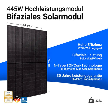 Ja Solar 445W bifaziales Glas-Glas Full Black Solarmodul JAM54D41 – Hochleistungsmodul mit 22,3 % Wirkungsgrad, N-Type TOPCon-Technologie, beidseitig PV-aktiv, 30 Jahren Leistungsgarantie und 25 Jahren Produktgarantie. Maße 176,2 x 113,4 cm, Gewicht 22 kg. Erhältlich bei sh24.