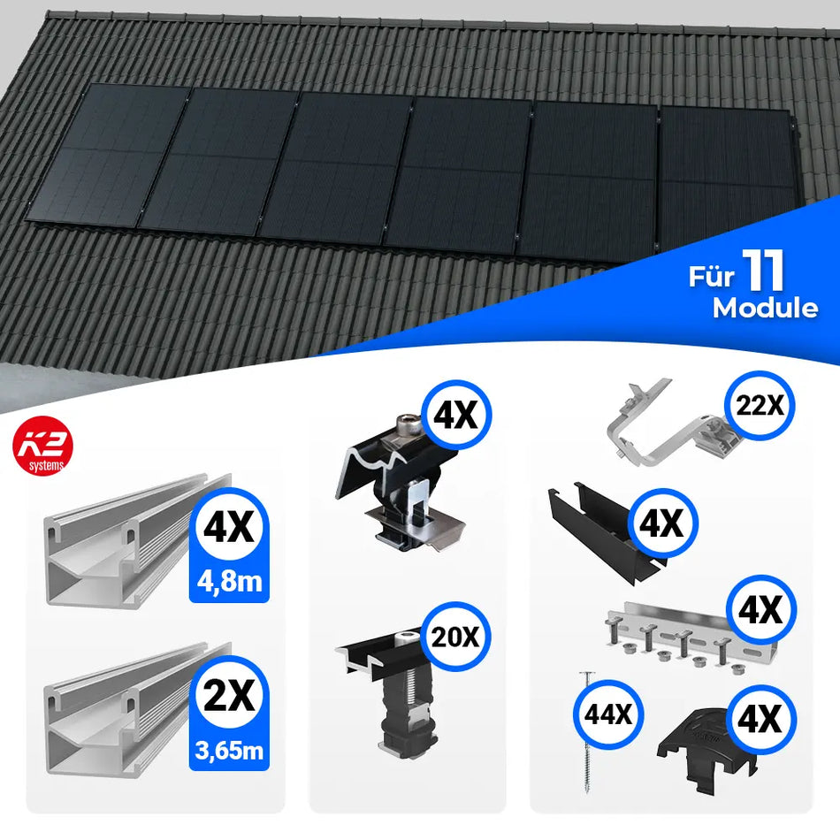 Montageset von K2 Systems für die vertikale Befestigung von Solarmodulen auf Schrägdächern. Beinhaltet Schienen, Dachhaken, Klemmen, Abdeckleisten, Schrauben und weiteres Zubehör für eine stabile und langlebige Montage von elf PV-Modulen.