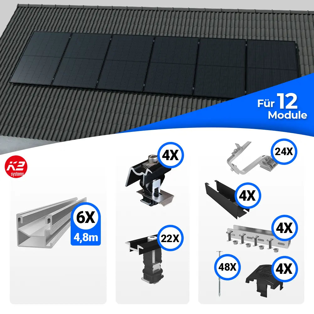 Montageset von K2 Systems für die vertikale Befestigung von Solarmodulen auf Schrägdächern. Enthält Schienen, Dachhaken, Klemmen, Abdeckleisten, Schrauben und weiteres Zubehör für eine sichere und langlebige Montage von zwölf PV-Modulen.