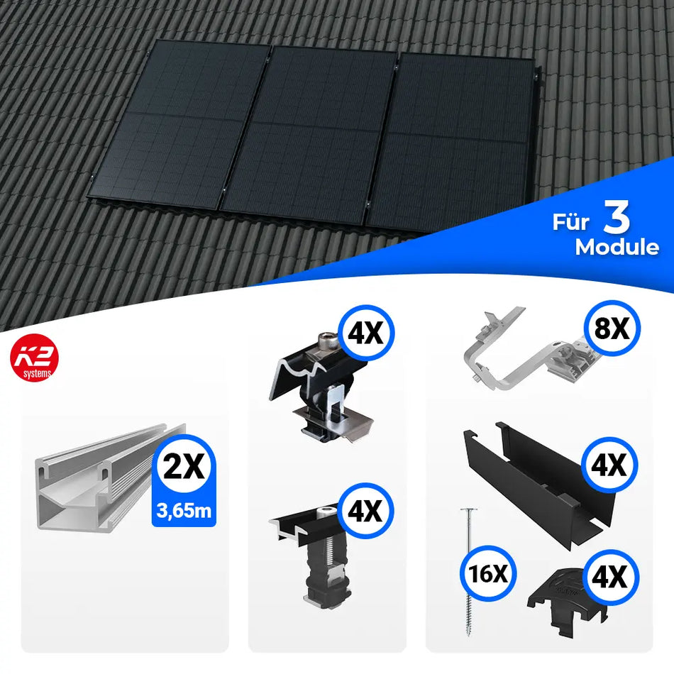 Montageset von K2 Systems für die vertikale Befestigung von Solarmodulen auf Schrägdächern. Enthält Schienen, Dachhaken, Klemmen, Abdeckleisten, Schrauben und weiteres Zubehör für eine sichere und langlebige Montage von drei PV-Modulen.