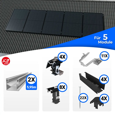 Montageset von K2 Systems für die vertikale Befestigung von Solarmodulen auf Schrägdächern. Beinhaltet Schienen, Dachhaken, Klemmen, Abdeckleisten, Schrauben und weiteres Zubehör für eine sichere und langlebige Montage von fünf PV-Modulen.