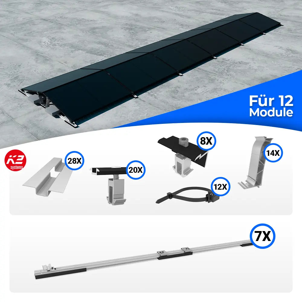 K2 Systems D-Dome Ost/West Flachdach Montageset für 12 Solarmodule – beidseitiges PV-Montagesystem zur optimalen Flächenausnutzung ohne Dachdurchdringung