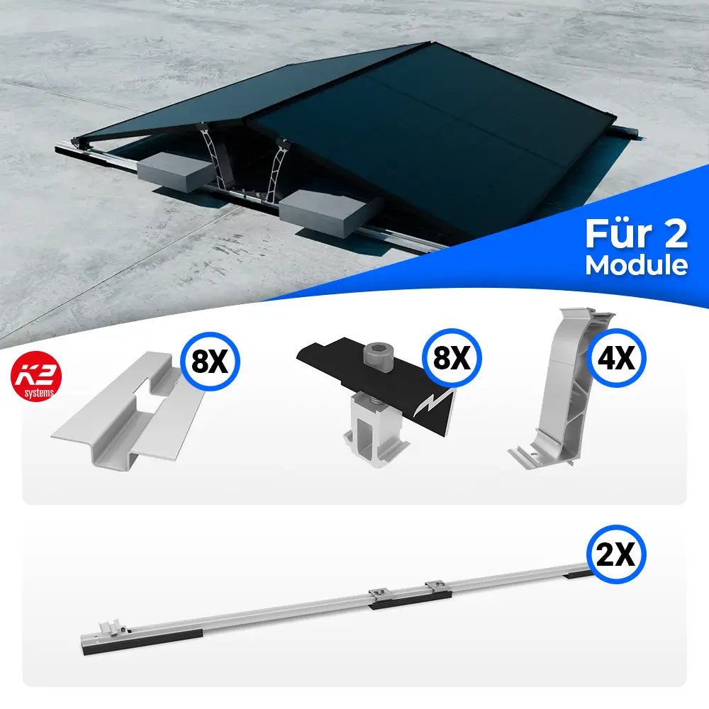 K2 Systems D-Dome Flachdach Montageset 6.10 Ost-West für 2 Solarmodule – Montagesystem Photovoltaik
