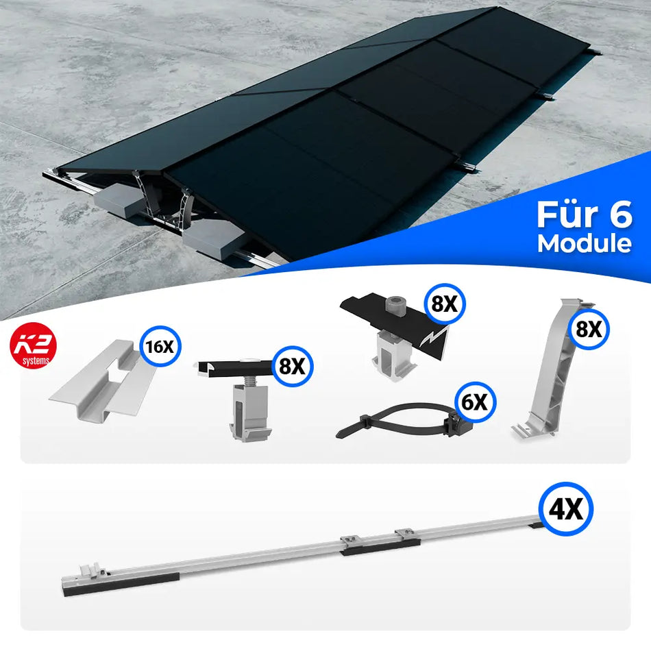 K2 Systems D-Dome Ost/West Flachdach Montageset für 6 Solarmodule – beidseitiges PV-Montagesystem für maximale Flächenausnutzung ohne Dachdurchdringung