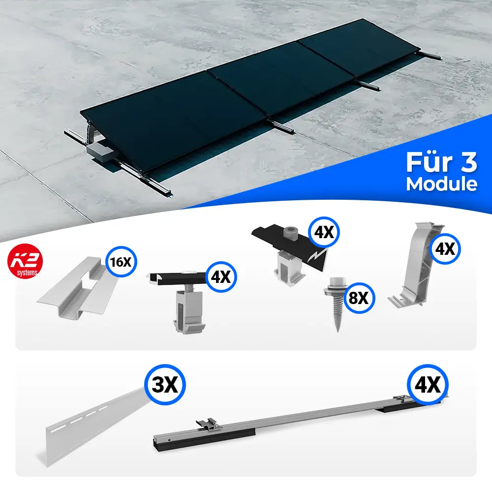 K2 Systems S-Dome Flachdach Montageset für 3 Solarmodule – aerodynamisches PV-Montagesystem für Flachdächer ohne Dachdurchdringung