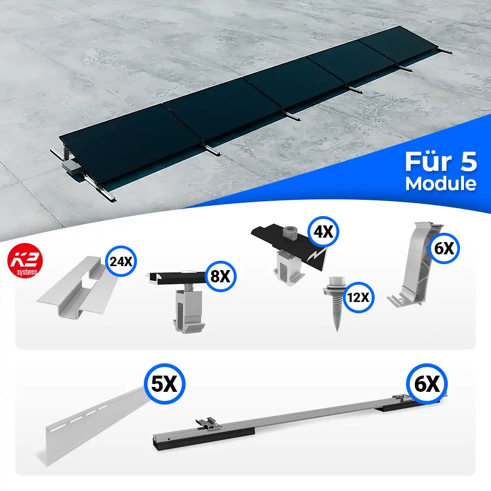 K2 Systems S-Dome Flachdach Montageset für 5 Solarmodule – aerodynamisches PV-Montagesystem für Flachdächer ohne Dachdurchdringung