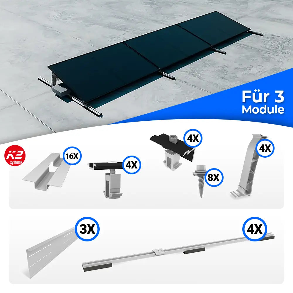 K2 Systems S-Dome Montageset für 3 Module – Flachdach-PV-Unterkonstruktion