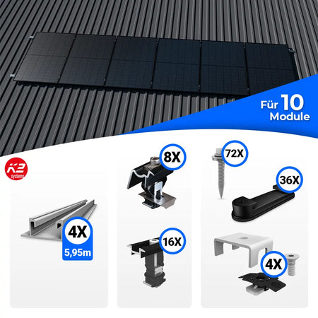 Montageset zur Befestigung von zehn Solarmodulen auf einem Trapezblechdach. Oben ist eine Beispielinstallation mit zehn Modulen dargestellt. Unten sind die enthaltenen Komponenten abgebildet: vier Montageschienen (5,95 m), End- und Mittelklemmen, Schrauben, Halteclips und weitere Montageteile – alle mit Stückzahlangaben versehen.