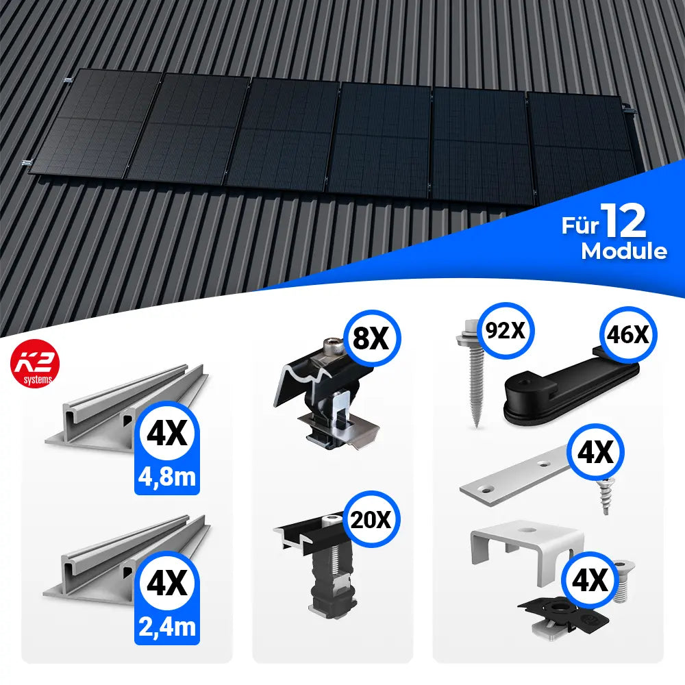Montageset für zwölf Solarmodule auf einem Trapezblechdach. Oben im Bild ist eine Beispielmontage mit zwölf Modulen zu sehen. Unten werden die enthaltenen Komponenten dargestellt: vier Montageschienen à 4,8 m, vier à 2,4 m sowie End- und Mittelklemmen, Schrauben, Halteclips, Kabelhalter und Dichtkomponenten – jeweils mit Stückzahlkennzeichnung.