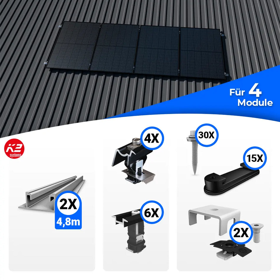 Montageset zur Befestigung von vier Solarmodulen auf einem Trapezblechdach. Das obere Bild zeigt eine Beispielmontage mit vier Modulen, darunter sind die einzelnen Set-Komponenten abgebildet, darunter zwei Montageschienen, Klemmen, Schrauben und weiteres Zubehör mit Stückzahlen.