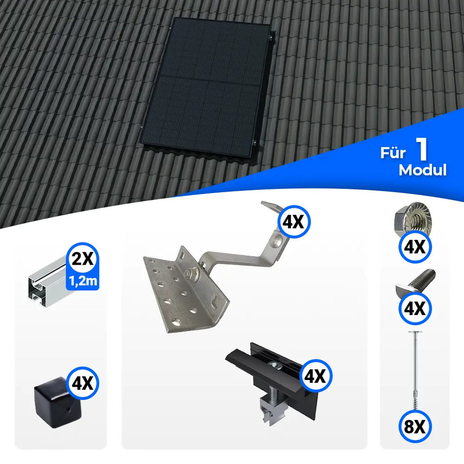 Montageset für 1 Solarmodul auf Ziegeldach – Set enthält 2x 1,2m Aluminiumschienen, 4x Dachhaken, 4x Endkappen, 4x Mittelklemmen, 4x Schrauben mit Unterlegscheiben, 4x Hammerkopfschrauben und 8x Holzschrauben. Komplettset für sichere Photovoltaik-Montage. SH24