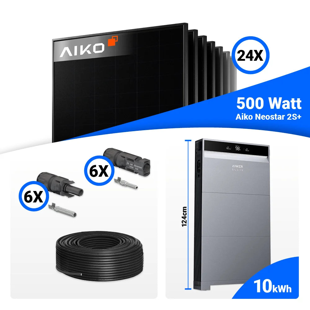 Photovoltaik Komplettset 12 kWp inkl. 24x AIKO 500W Full Black, Anker X1-H12K-T und 10 kWh Batteriespeicher