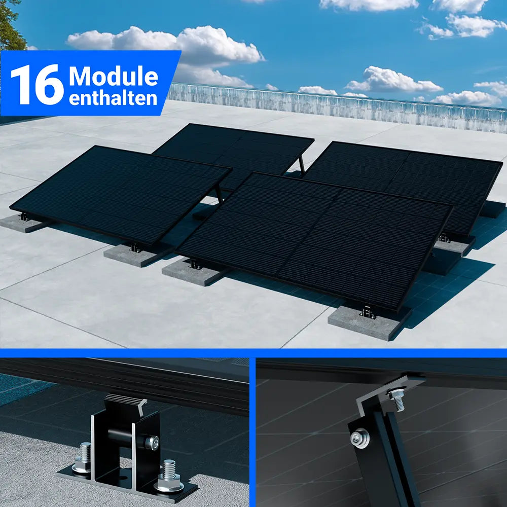 Photovoltaik-Montageset mit 16 Solarmodulen für Flachdach, montiert mit stabiler Halterung und Betonballast für sichere Installation und nachhaltige Stromerzeugung – erhältlich bei SH24.