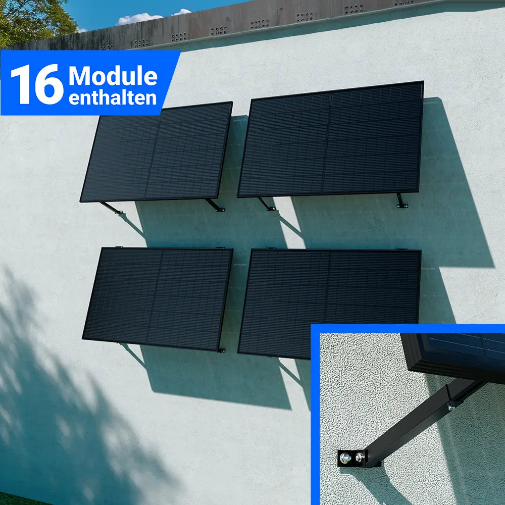 Photovoltaik-Montageset mit 16 Solarmodulen zur Wandmontage, platzsparend an der Fassade installiert mit stabiler Halterung für sichere Befestigung und nachhaltige Stromerzeugung – erhältlich bei SH24.